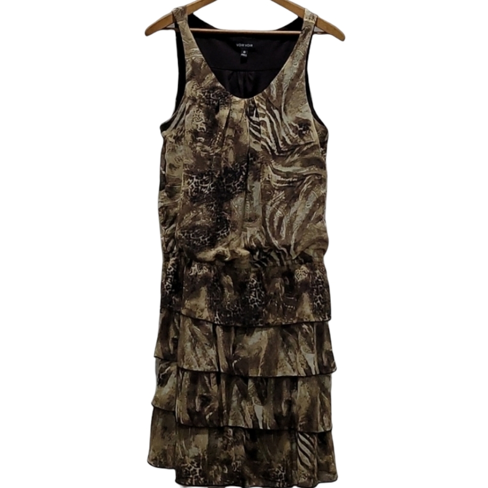 Voir Voir Sleeveless Brown & Tan Dress With Animal & Paisley Prints Size 10 EUC